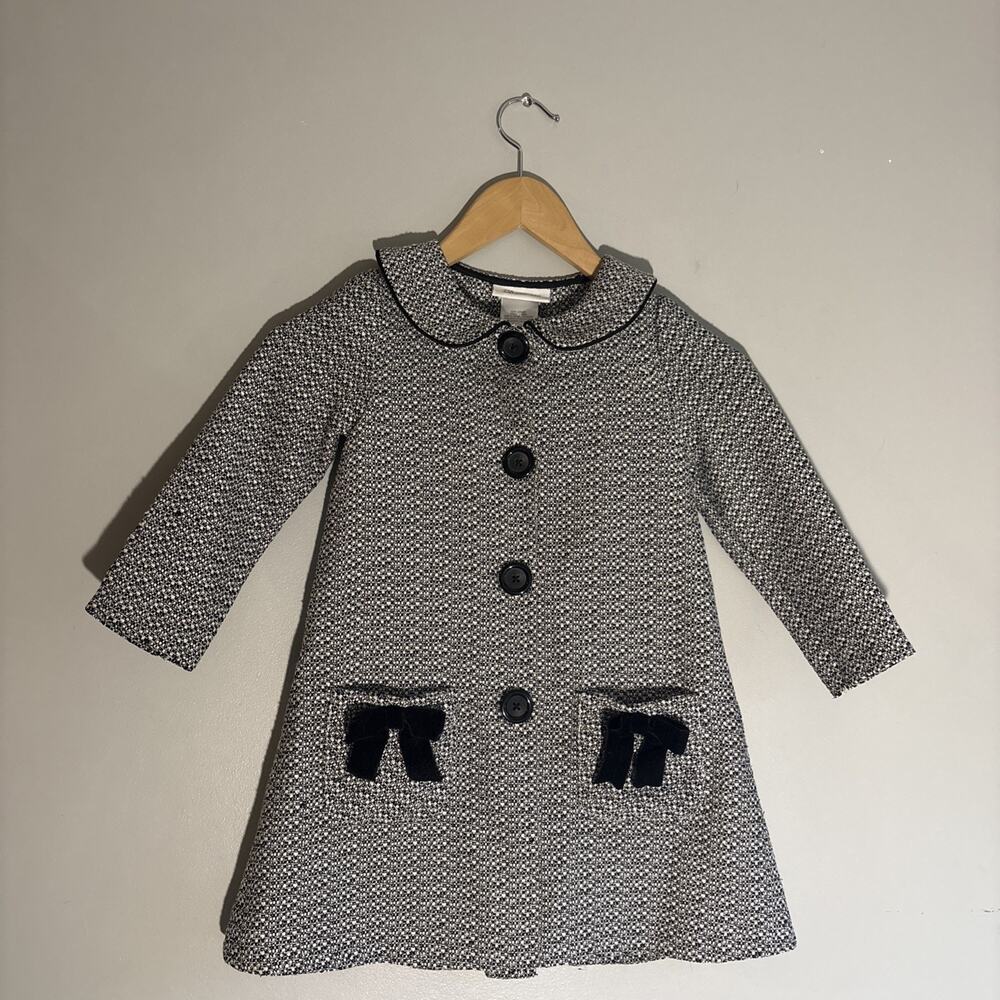 Vintage BONNIE JEAN TODDLER Coat Black Tweed, Velvet Bows. Lightweight. ￼Sz 4T